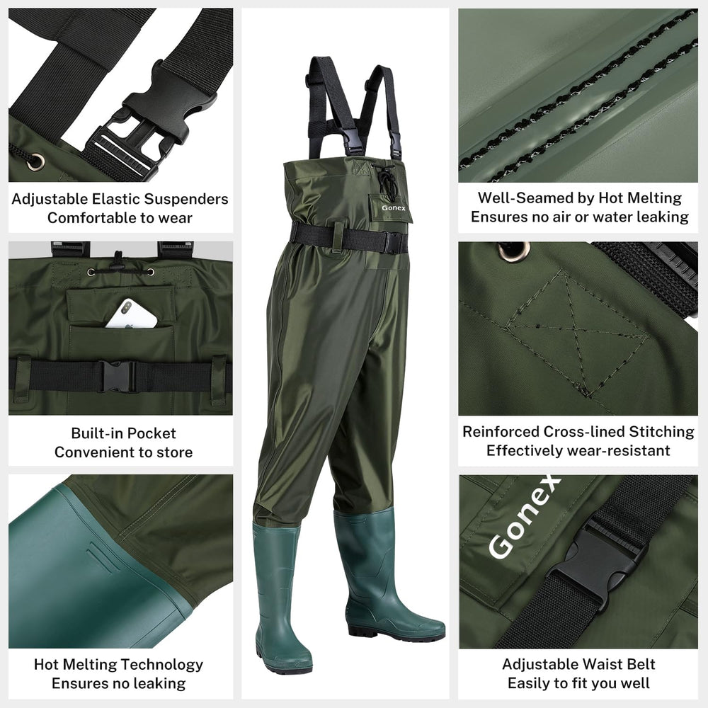 Gonex chest waders adjustable waist and chest straps for a secure, comfortable fit.