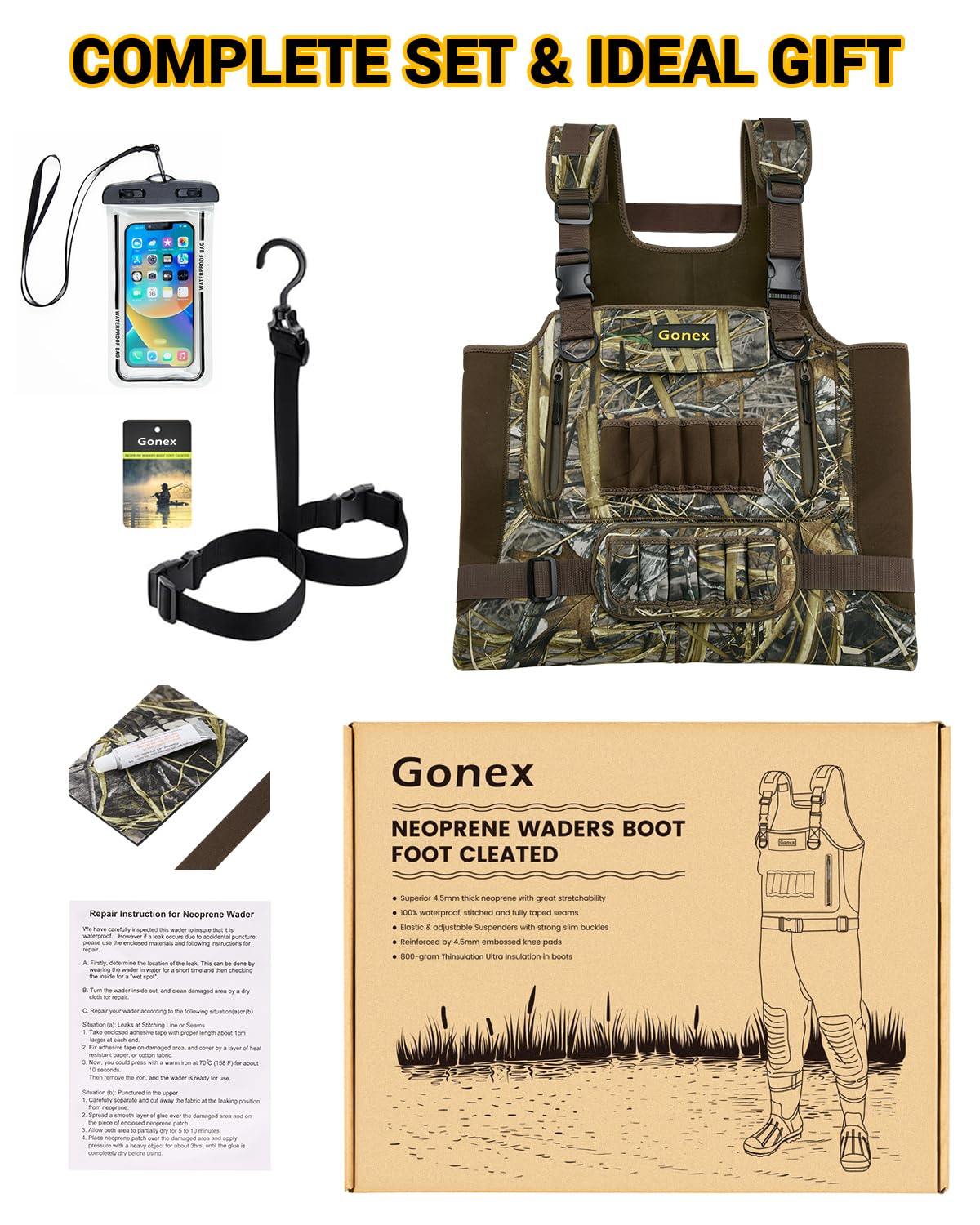 Gonex chest waders in use while fishing, highlighting phone pouch access.