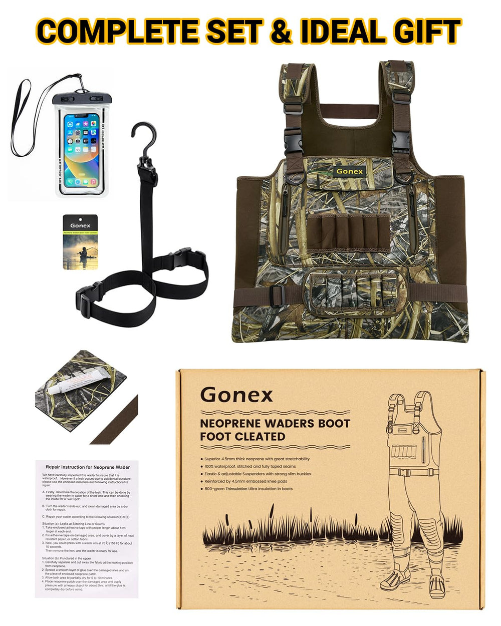 Gonex chest waders with phone pocket and shell holder kit for ready access.