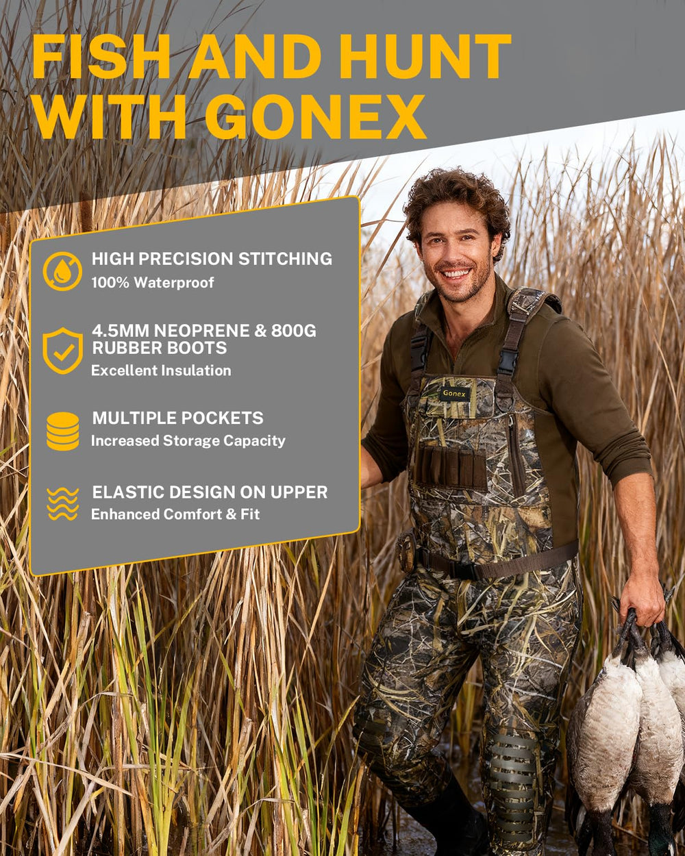 Gonex chest waders quick-release buckles for easy on/off in field conditions.
