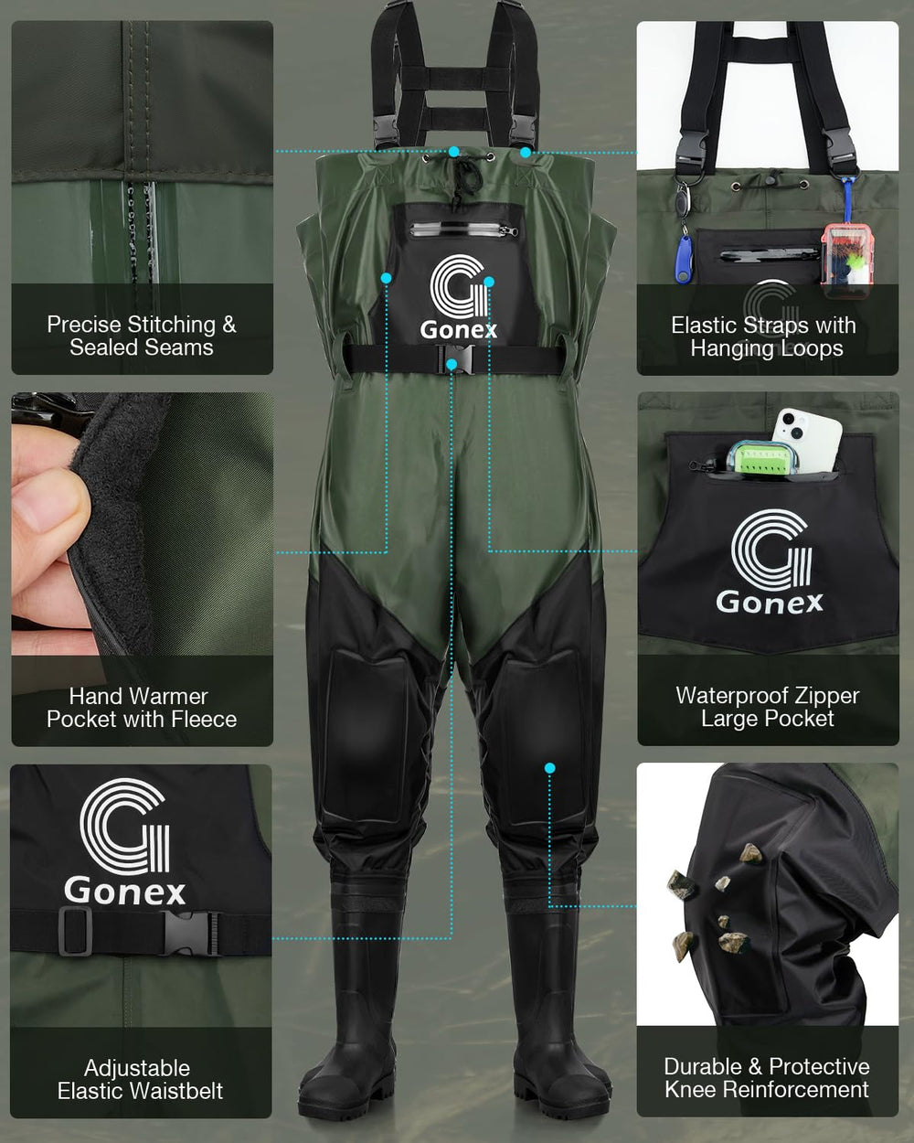 Gonex Chest Waders with waterproof boots provide secure grip on wet banks