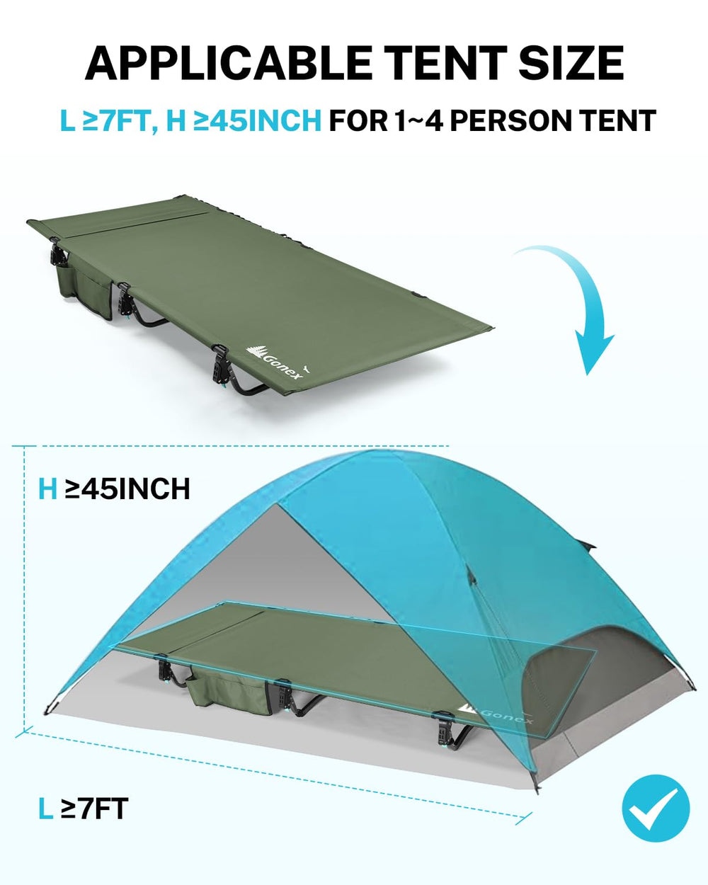 Gonex cot beach setup demonstrates versatile outdoor use.