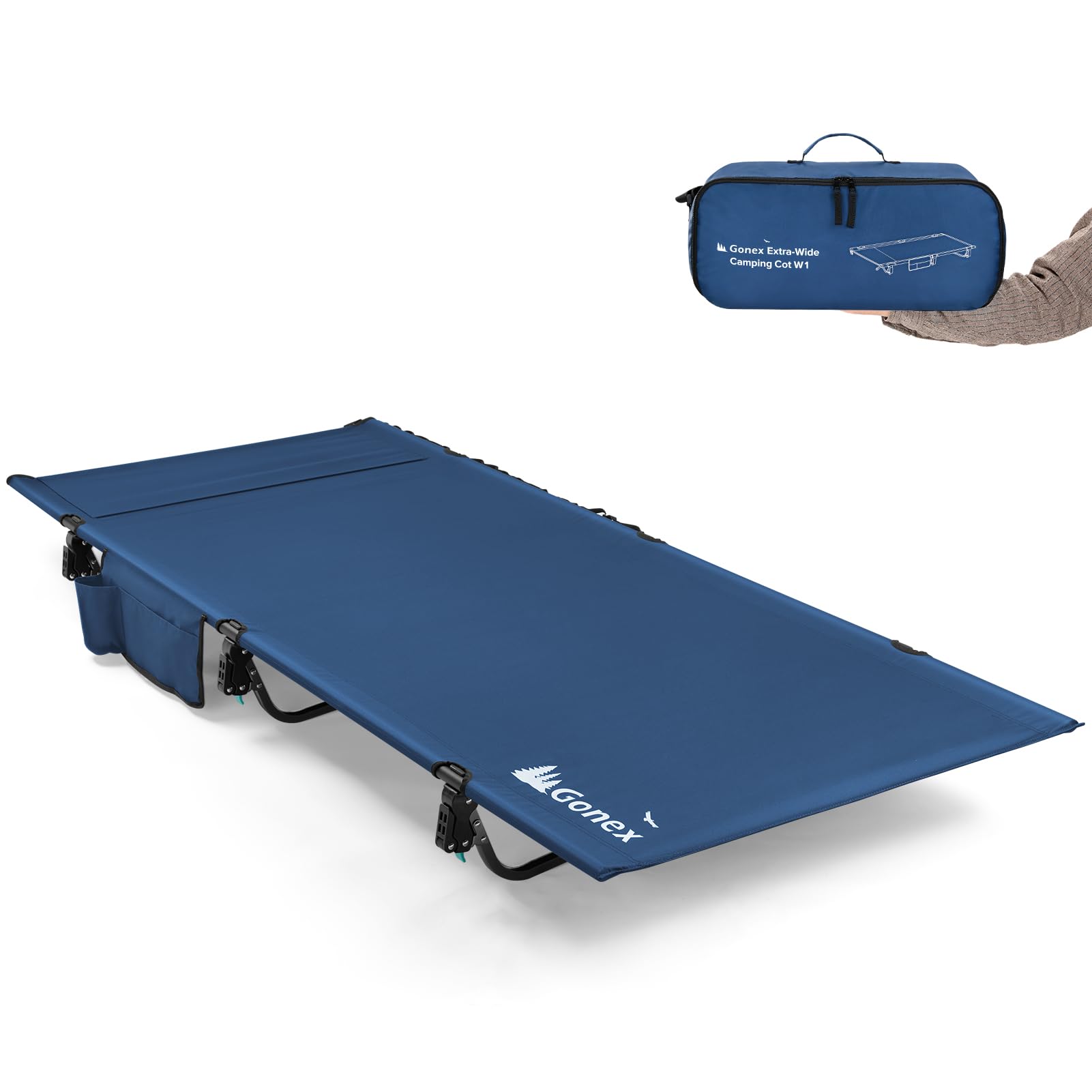 Gonex cot blue side view, showcasing sturdy stability for outdoor sleeping