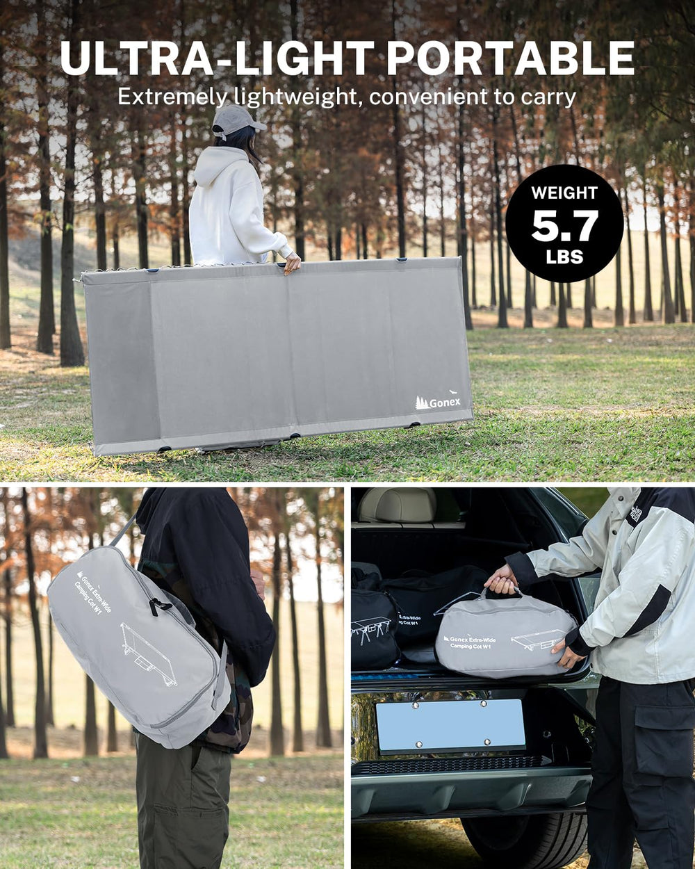 Gonex cot in carrying bag for portable travel.