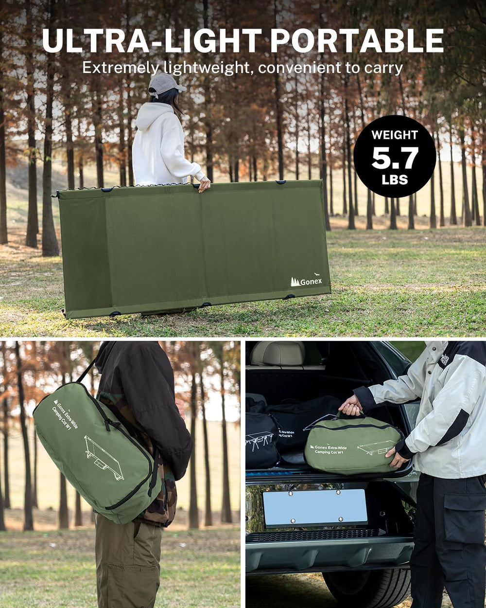 Gonex cot folded in bag illustrates ultra-portable travel companion.