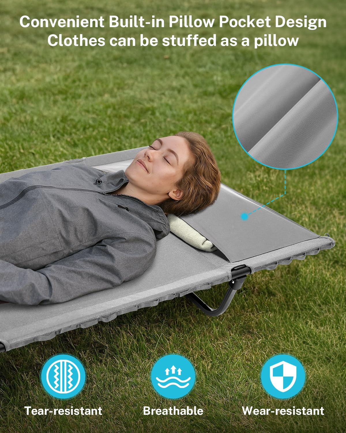 Gonex cot wide surface area shown for side sleeper comfort.