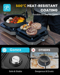 Gonex dual burners delivering 16000 BTU for quick outdoor cooking.