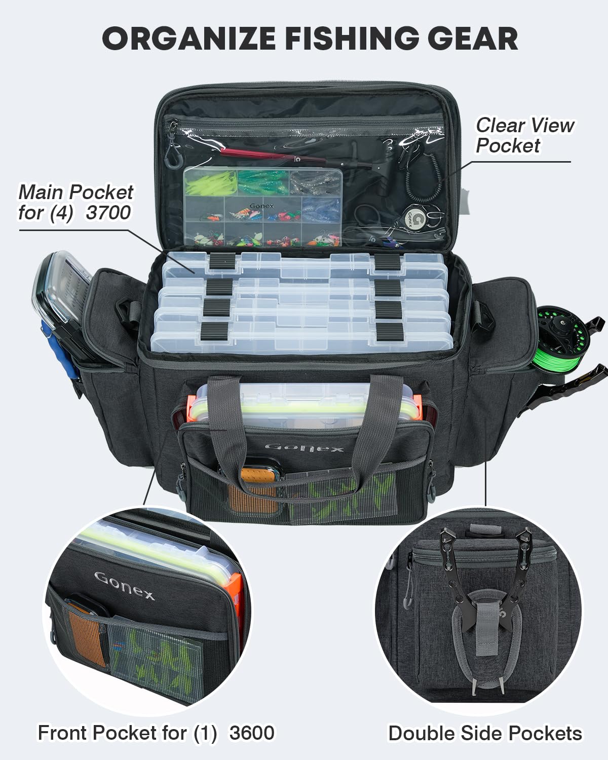 Front view of Gonex black tackle bag showing 3600/3700 pockets