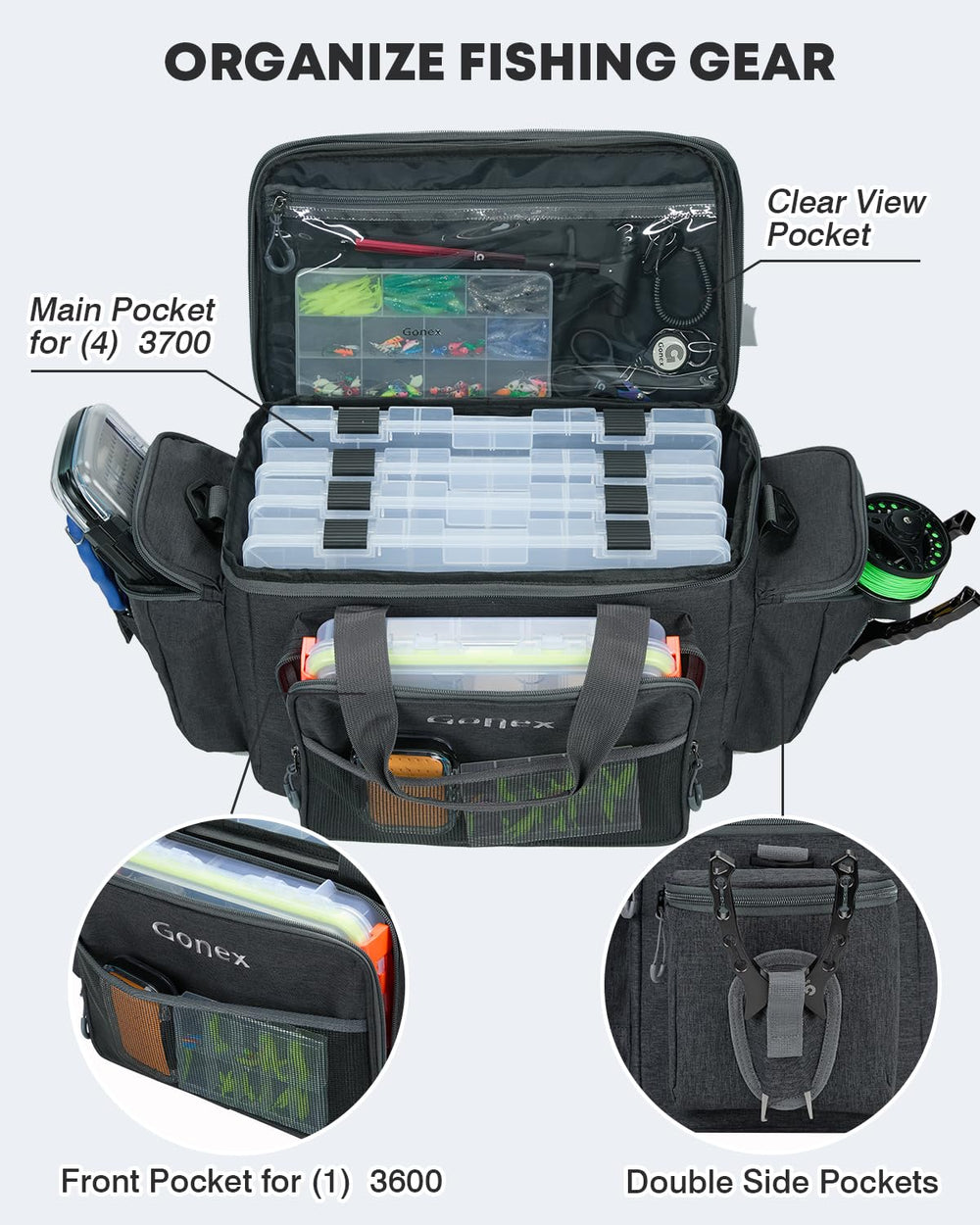 Front view of Gonex black tackle bag showing 3600/3700 pockets
