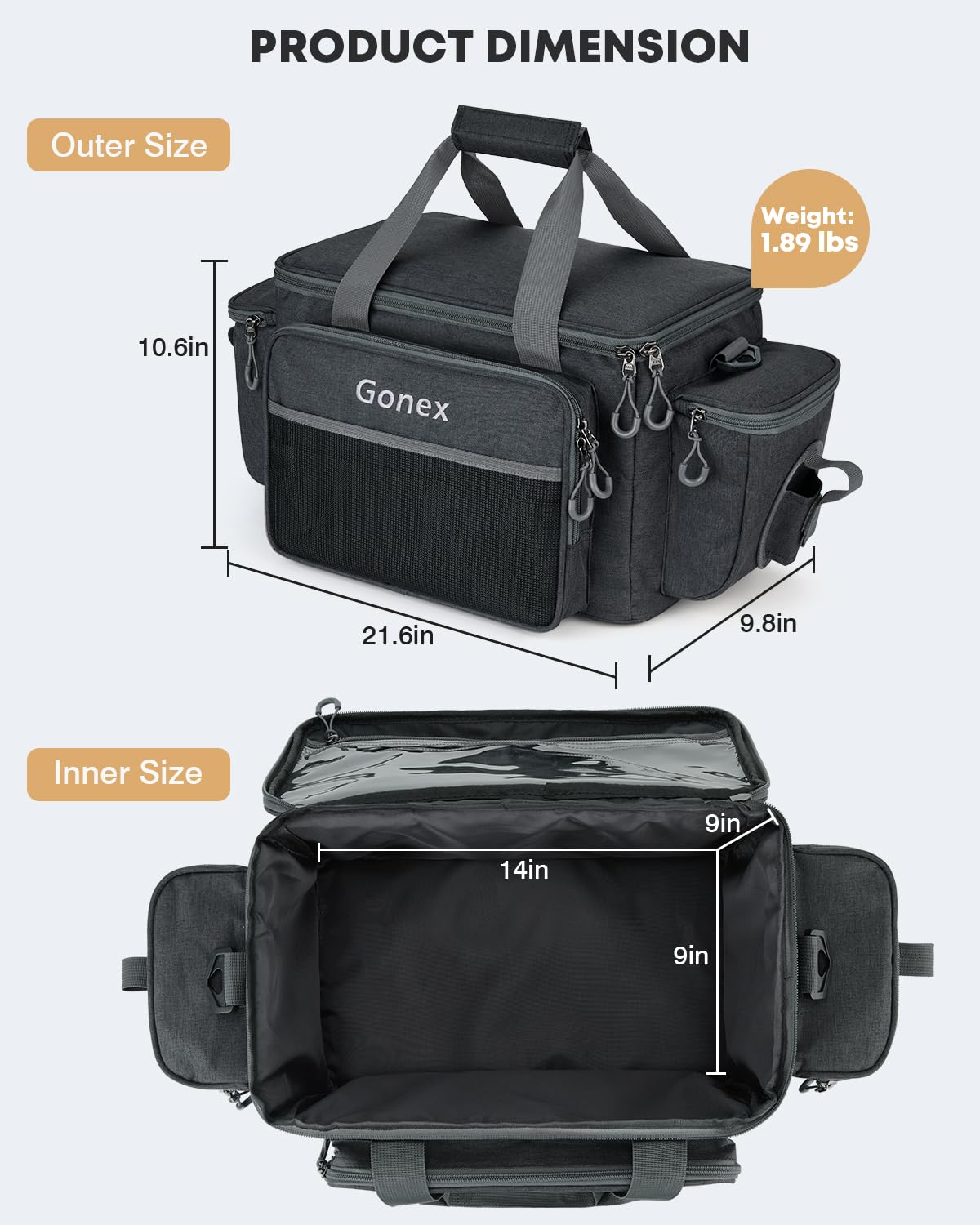Interior pockets and transparent sleeves for lures and soft baits