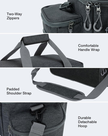 Multiple pockets including front, side, and net pockets
