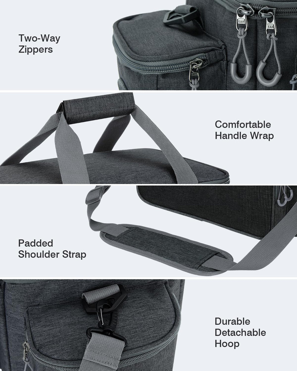 Multiple pockets including front, side, and net pockets