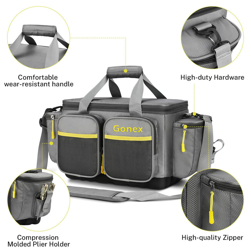 gonex fishing tackle bag capacity demonstrates space for four 3700 boxes
