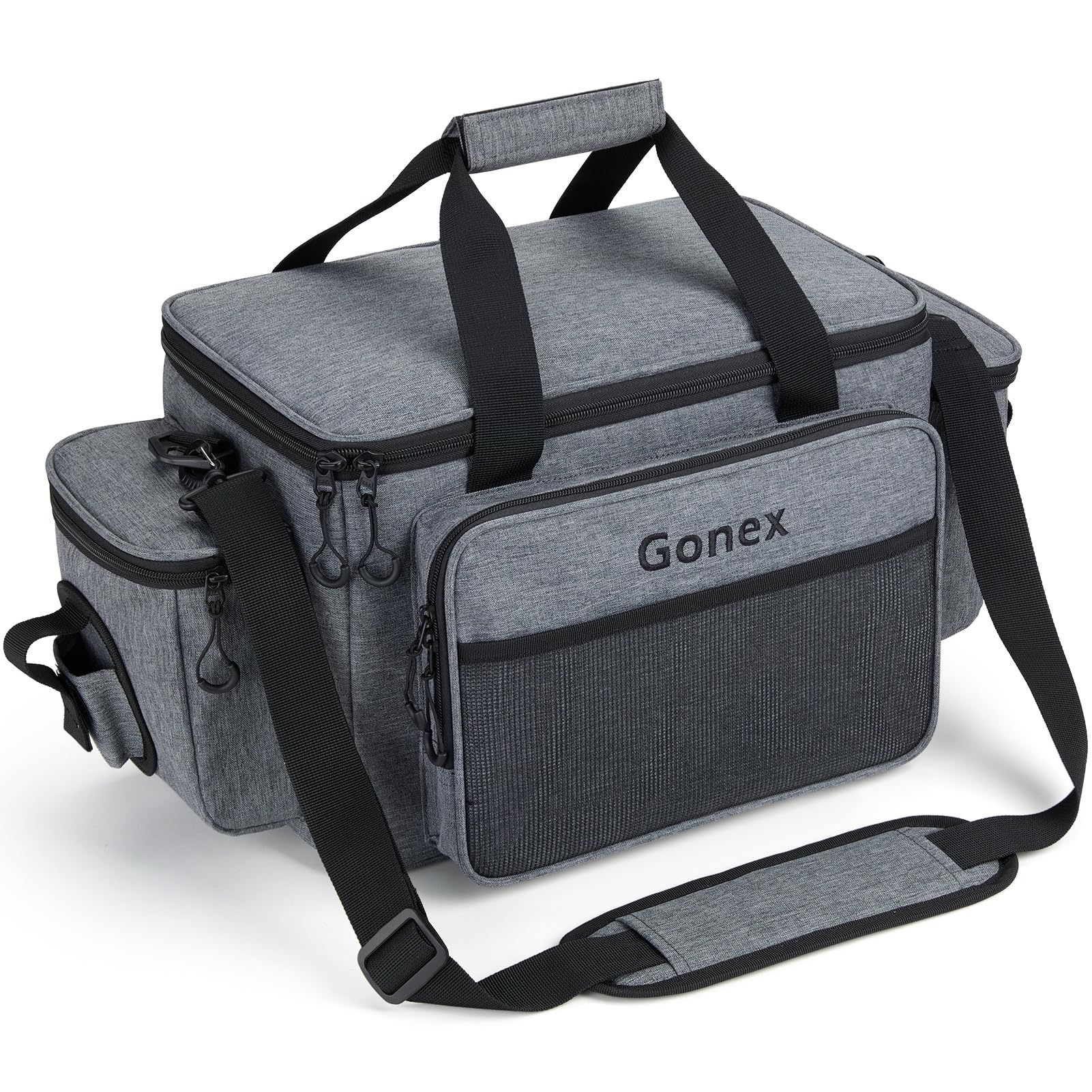 Gonex grey fishing tackle bag exterior front view