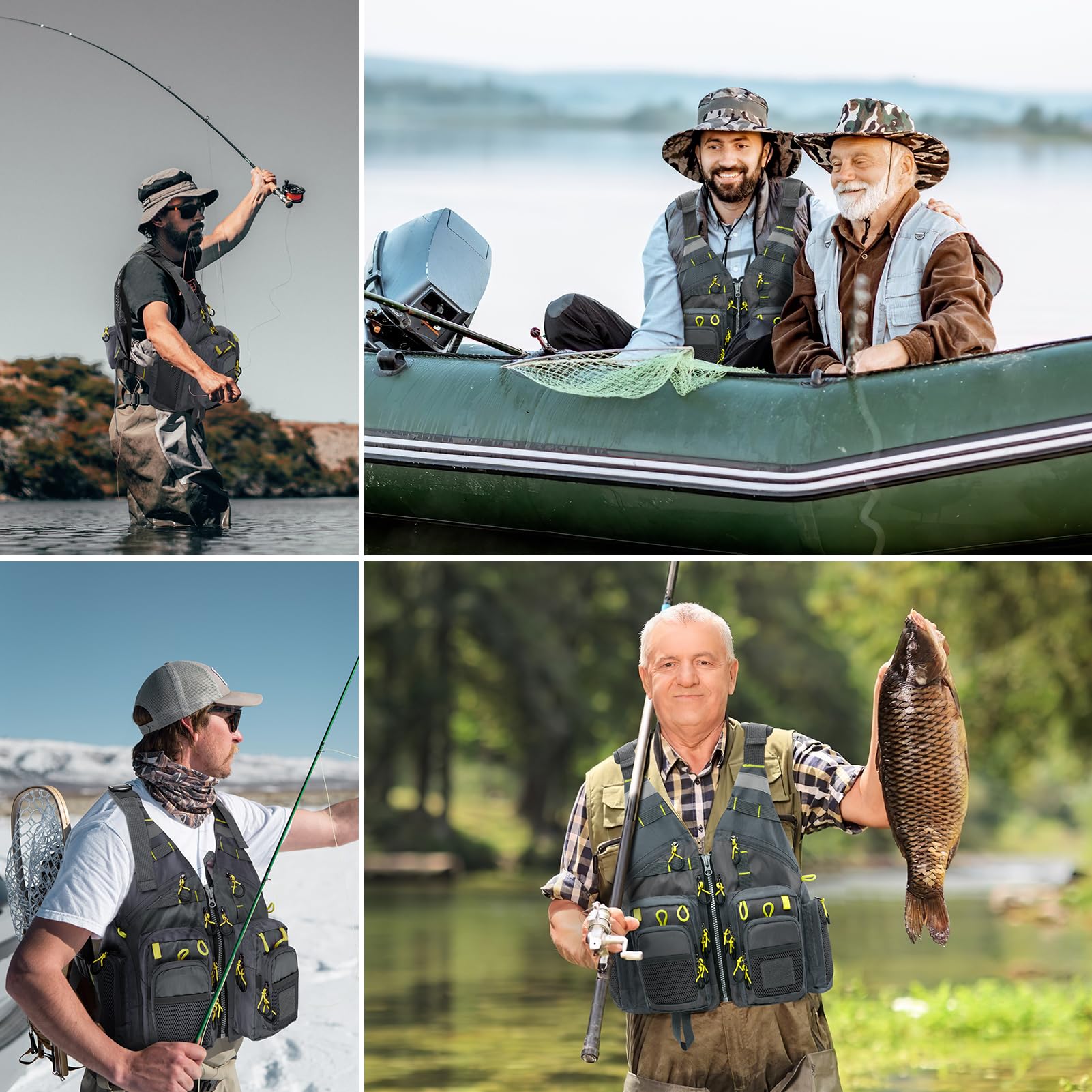 Gonex fly fishing vest back view highlights reflective stripes for visibility.