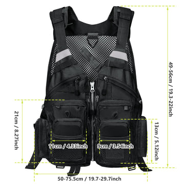 Gonex black fly fishing vest back view showing reflective stripes
