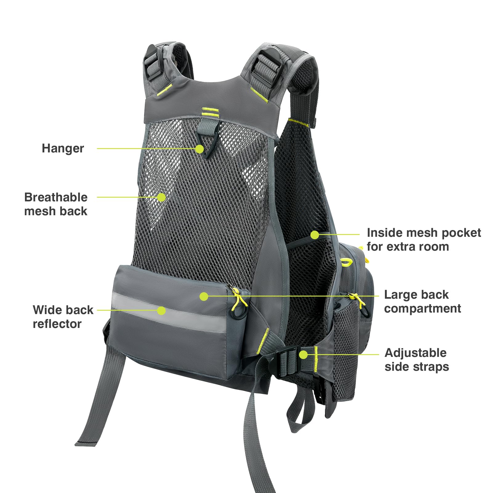 Gonex fly fishing vest D-rings and loops for tools and accessories.