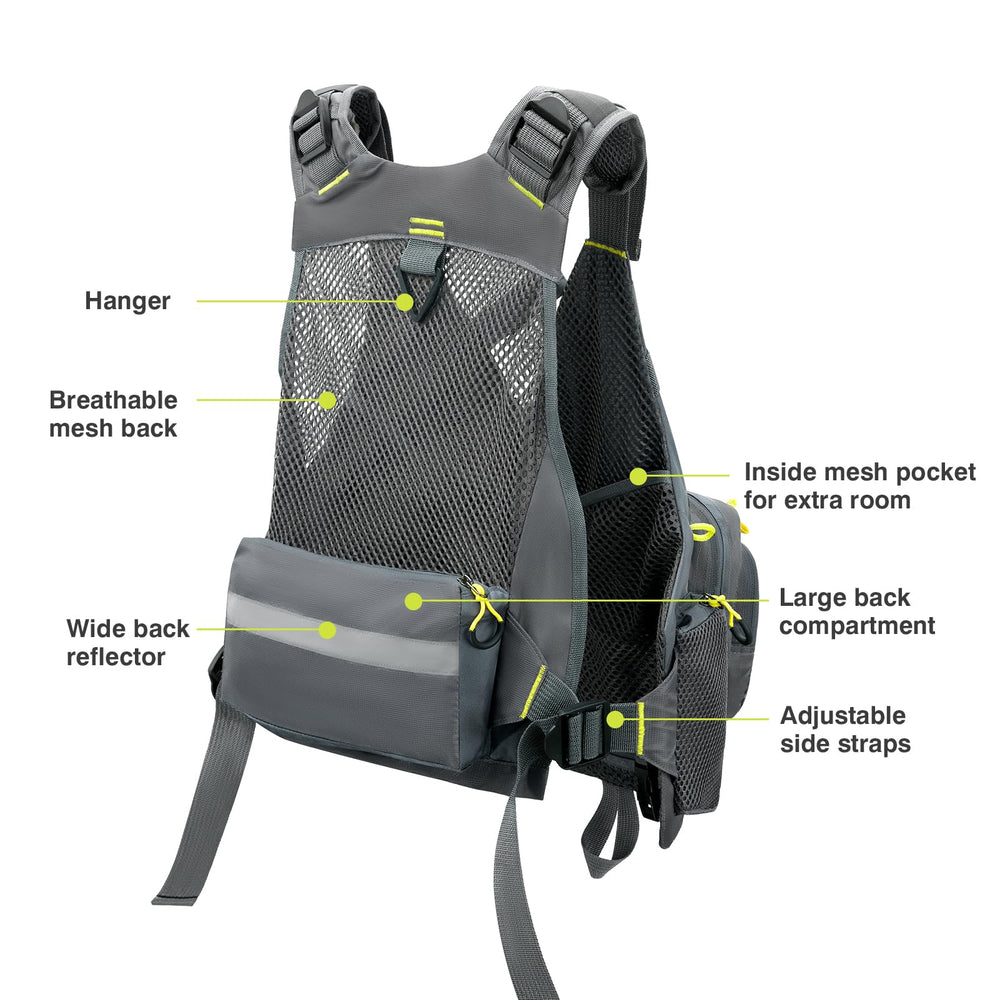 Gonex fly fishing vest D-rings and loops for tools and accessories.