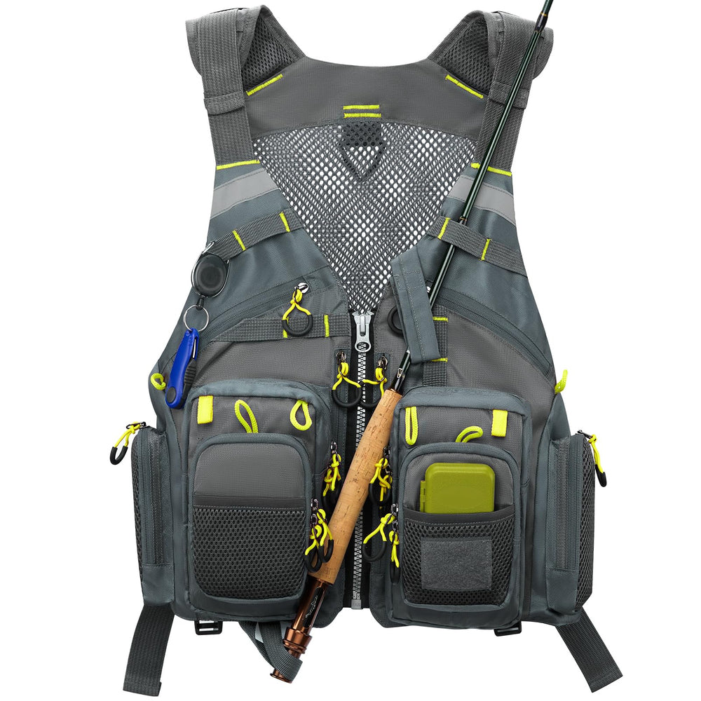Gonex fly fishing vest front view shows ergonomic fit for all-day comfort.