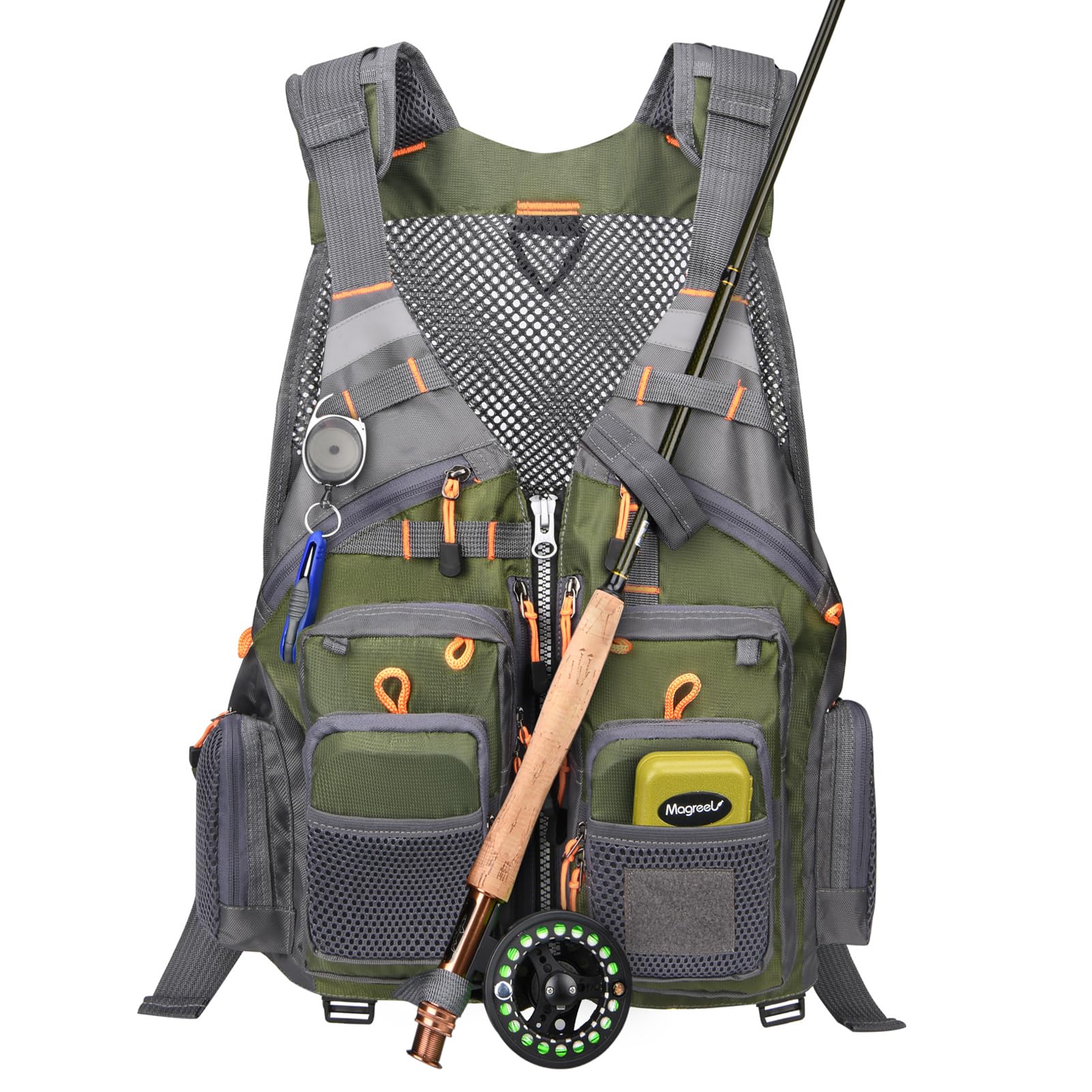 Gonex fly fishing vest front view with organized pockets for easy on-the-water access