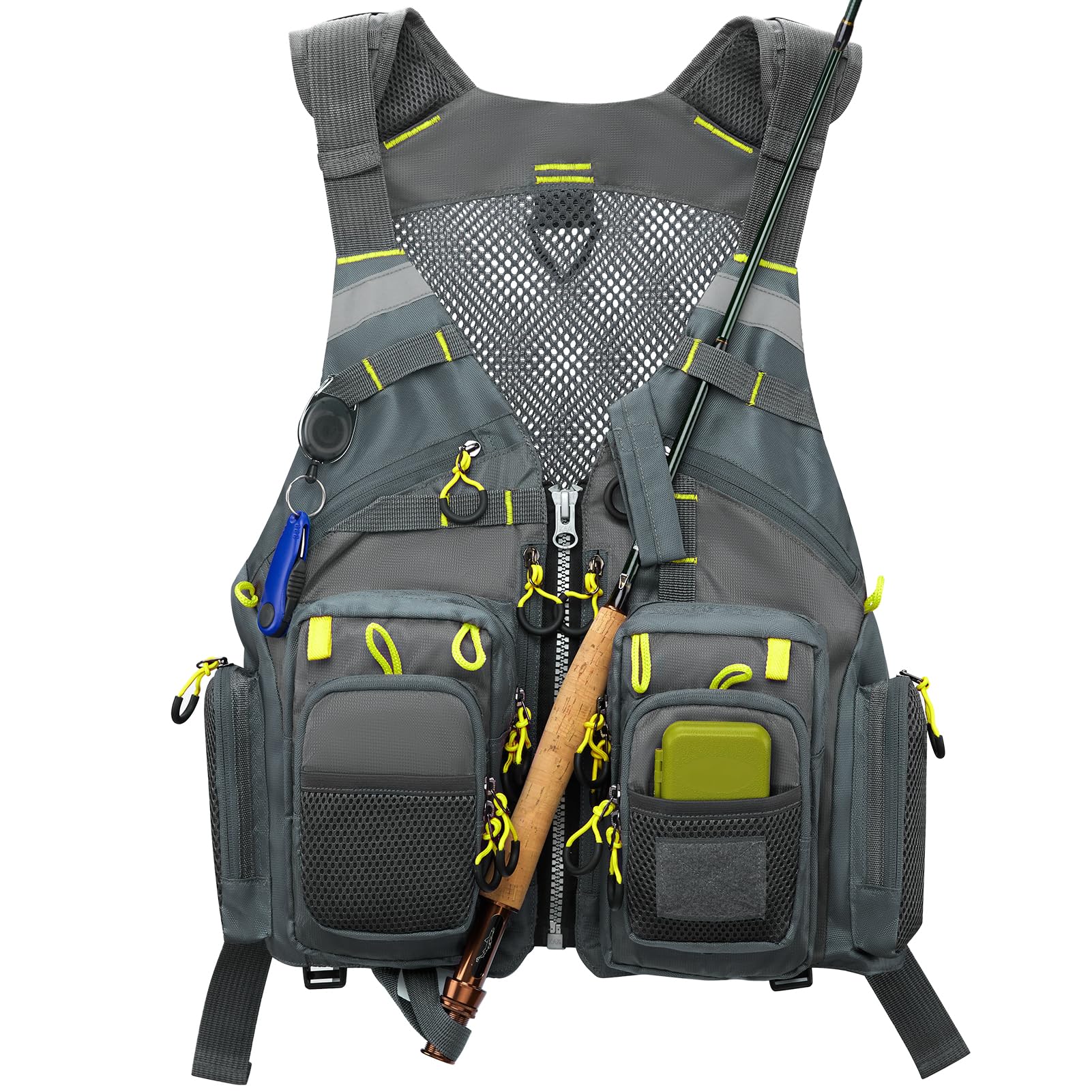 Gonex fly fishing vest worn by a man showing multi-pocket design