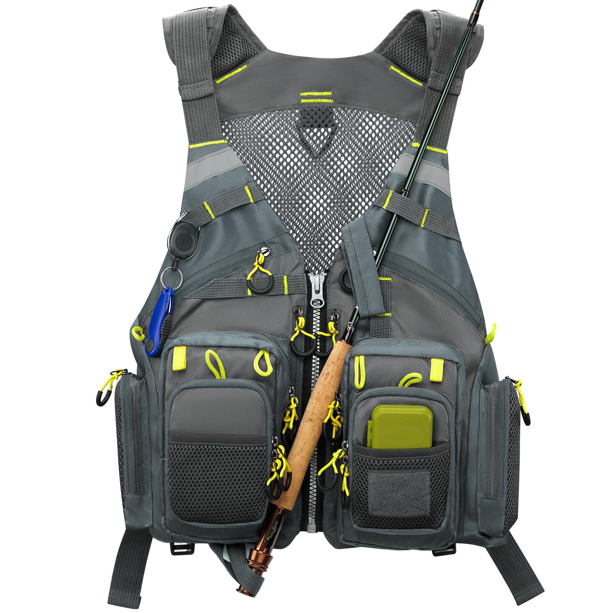 Gonex fly fishing vest worn by a man showing multi-pocket design