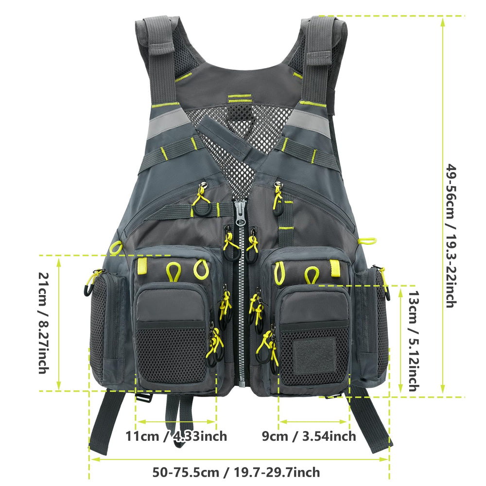 Close-up of 18 pockets on the vest (14 zipper pockets and 4 mesh pockets)