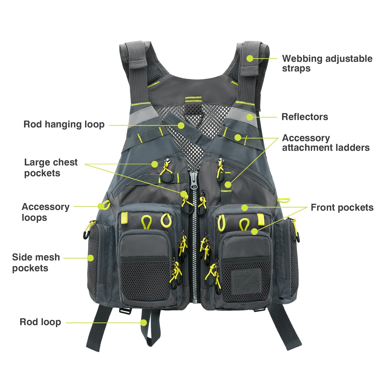D-rings and attachment loops for hanging gear on the vest