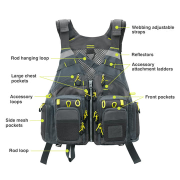 D-rings and attachment loops for hanging gear on the vest
