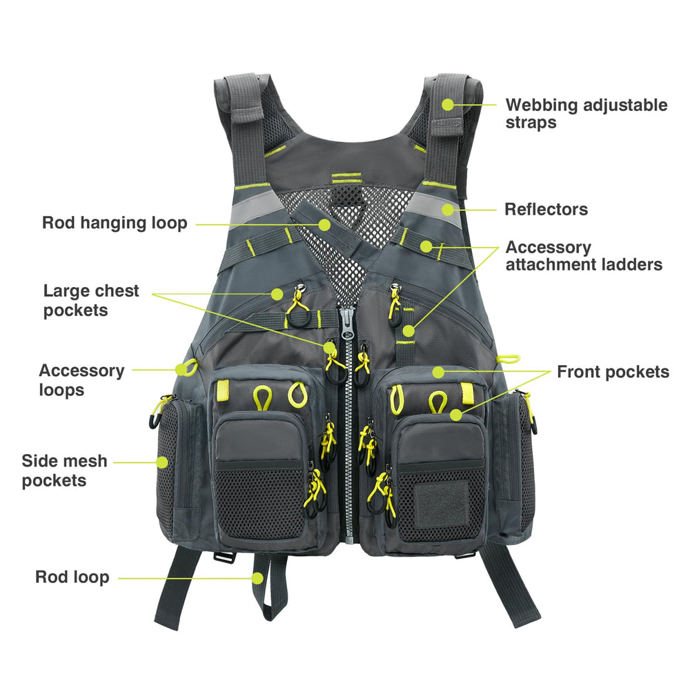 D-rings and attachment loops for hanging gear on the vest