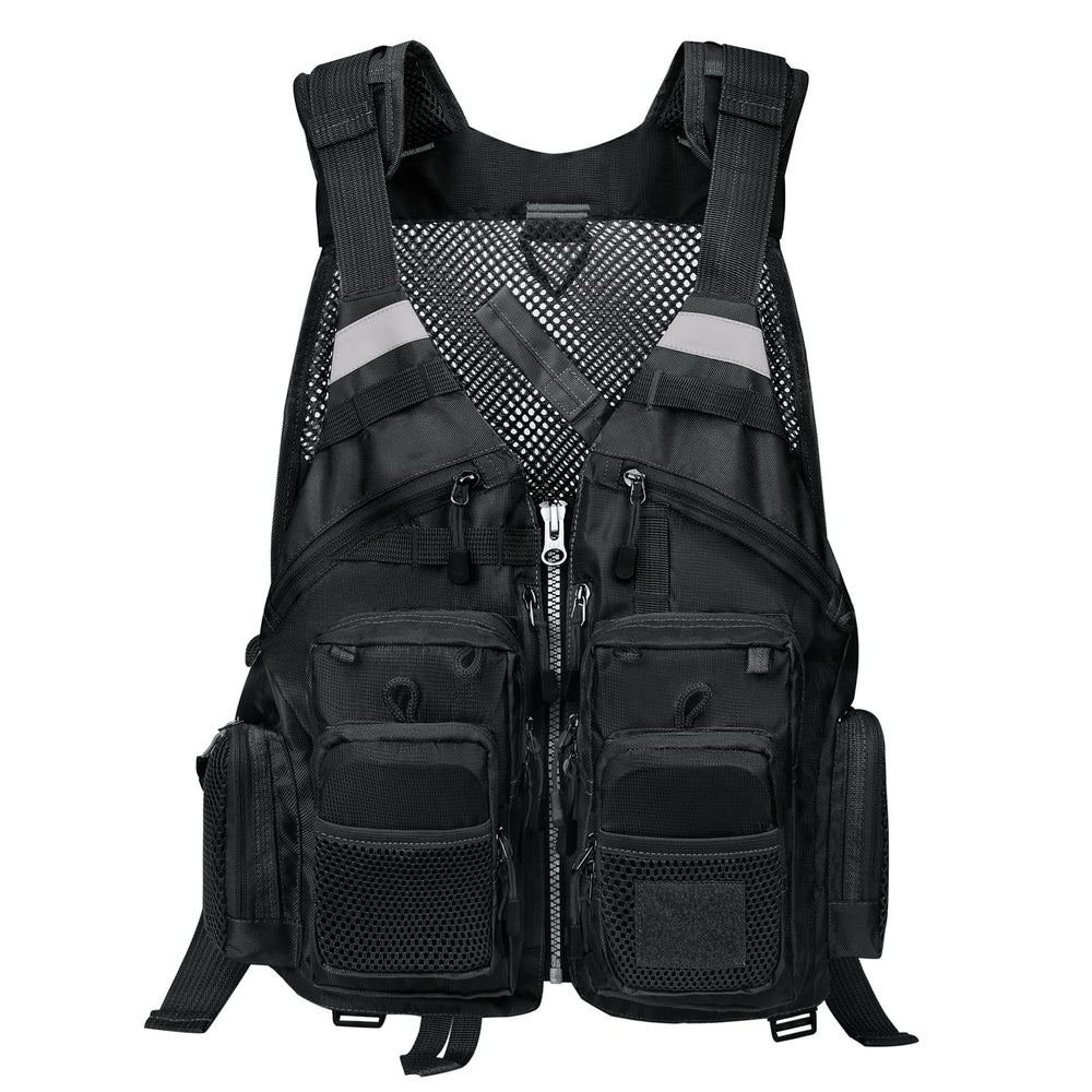 Person wearing Gonex black fly fishing vest for size reference