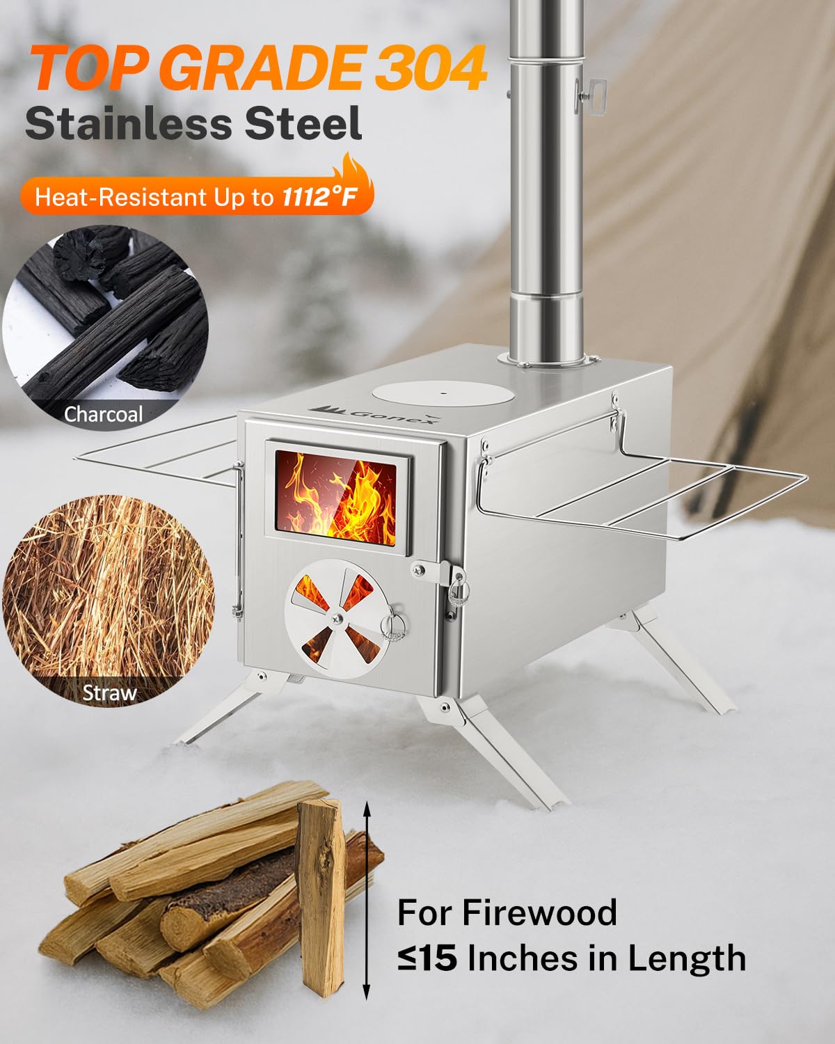 Gonex hot tent stove 304 stainless steel body resists rust and harsh conditions.