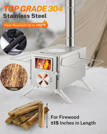 Gonex hot tent stove 304 stainless steel body resists rust and harsh conditions.