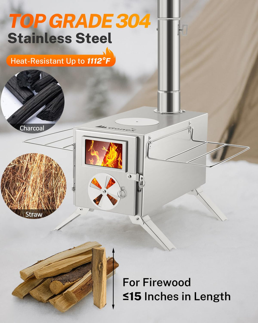 Gonex hot tent stove 304 stainless steel body resists rust and harsh conditions.