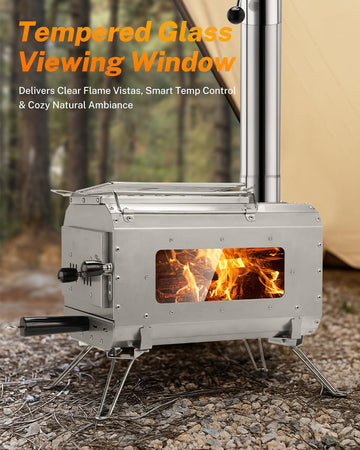 Gonex hot tent stove chimney with damper controls smoke outside.
