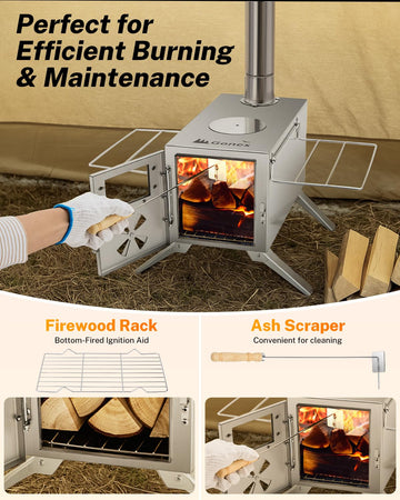 Gonex hot tent stove foldable legs and grill simplify packing.