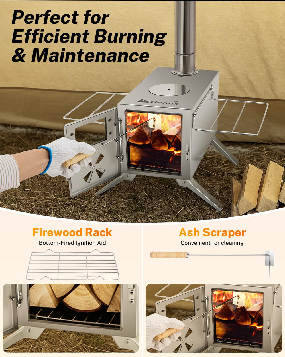 Gonex hot tent stove foldable legs and grill simplify packing.