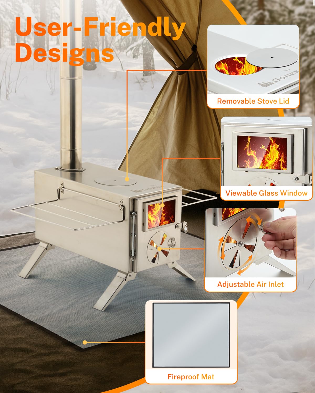Gonex hot tent stove folded dimensions show compact carrying footprint.