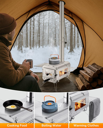 Gonex hot tent stove grill lid used as BBQ surface.