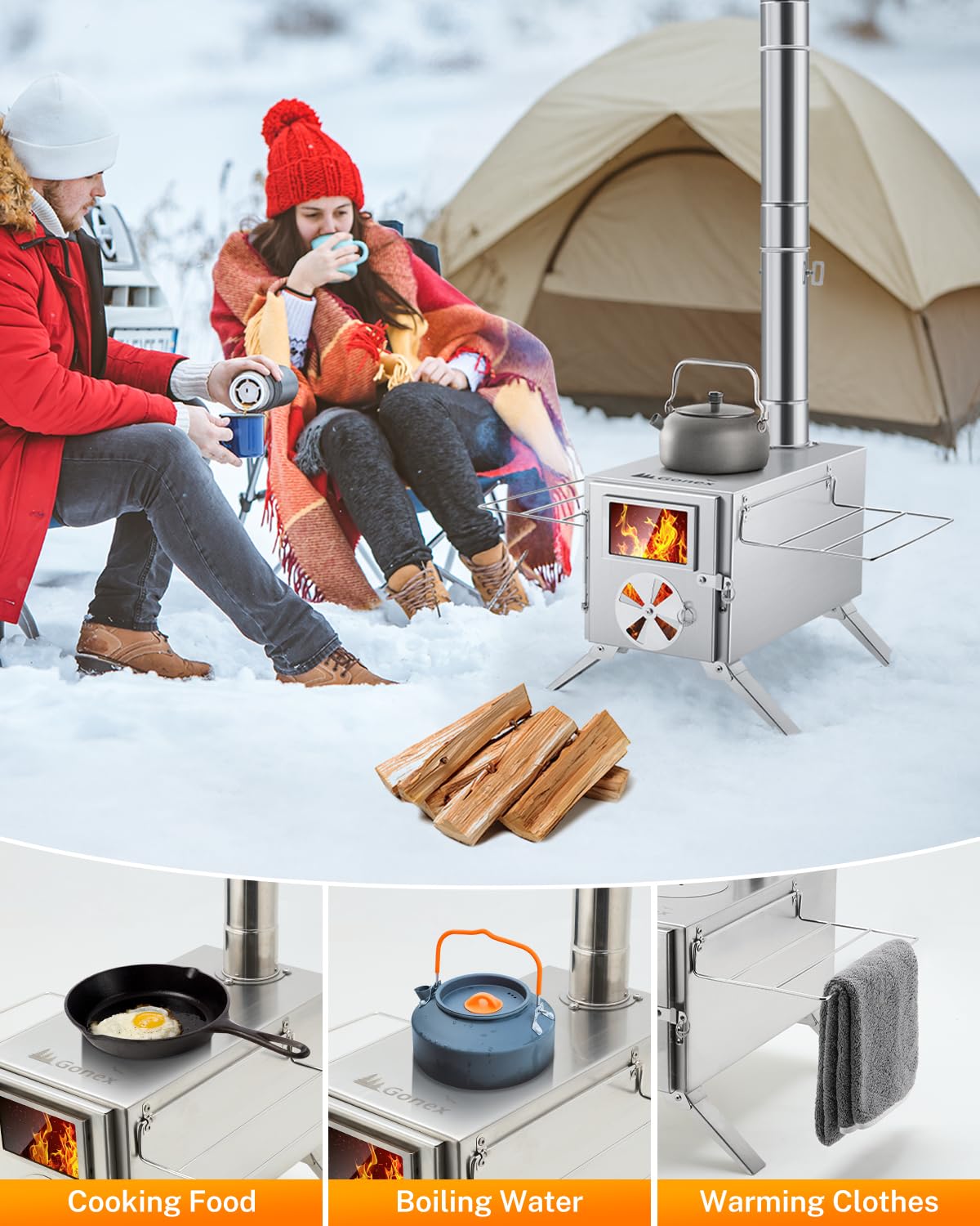 Gonex hot tent stove supports cooking, heating, and drying outdoors.