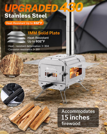 Gonex hot tent stove side view shows ash drawer for quick cleanup.