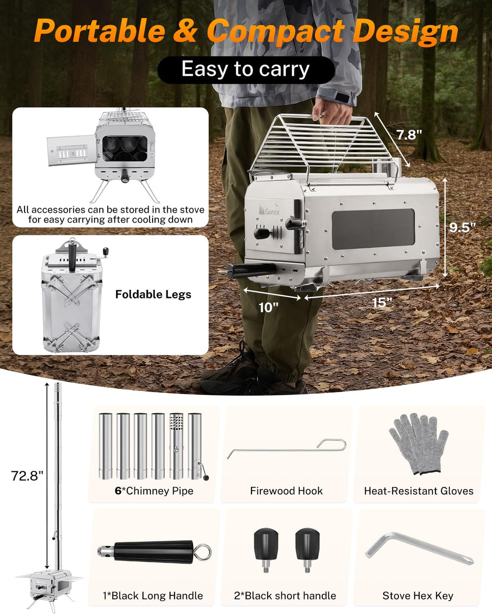 Gonex hot tent stove in winter camping scene provides warmth.