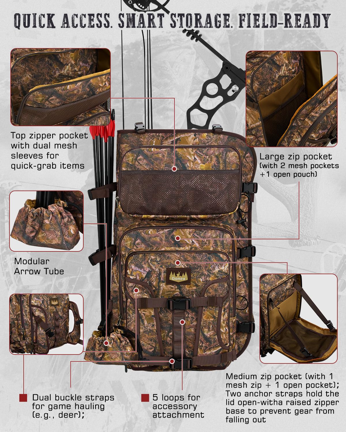 Gonex hunting bow case front organization pocket keeps gear accessible.