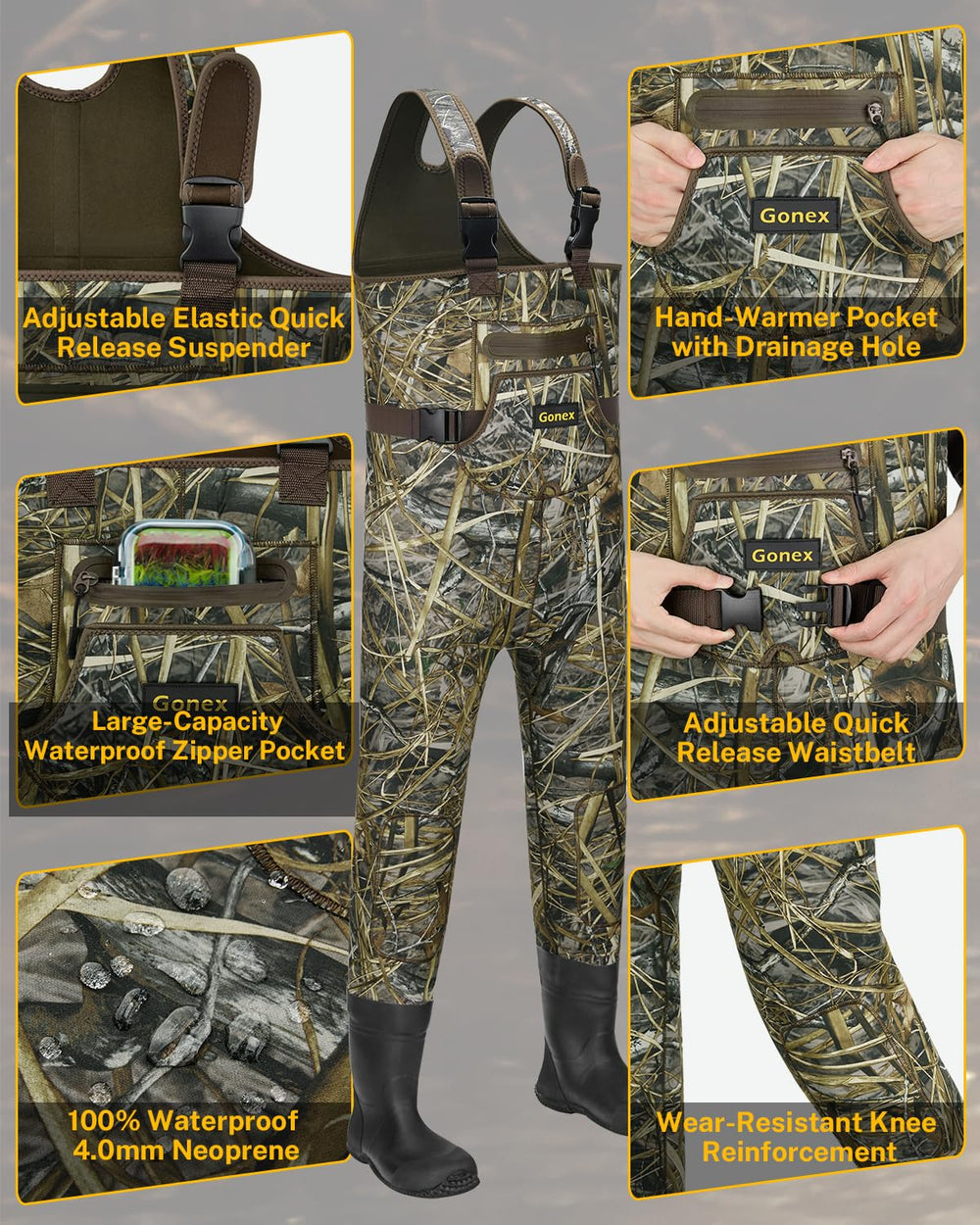 Gonex kids chest waders adjustable straps illustrate comfortable grow-with-you fit for growing children.