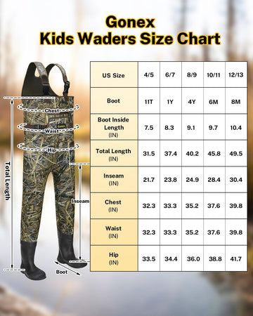 Gonex kids chest waders pocket design features hand-warmer and chest zip for convenient storage.