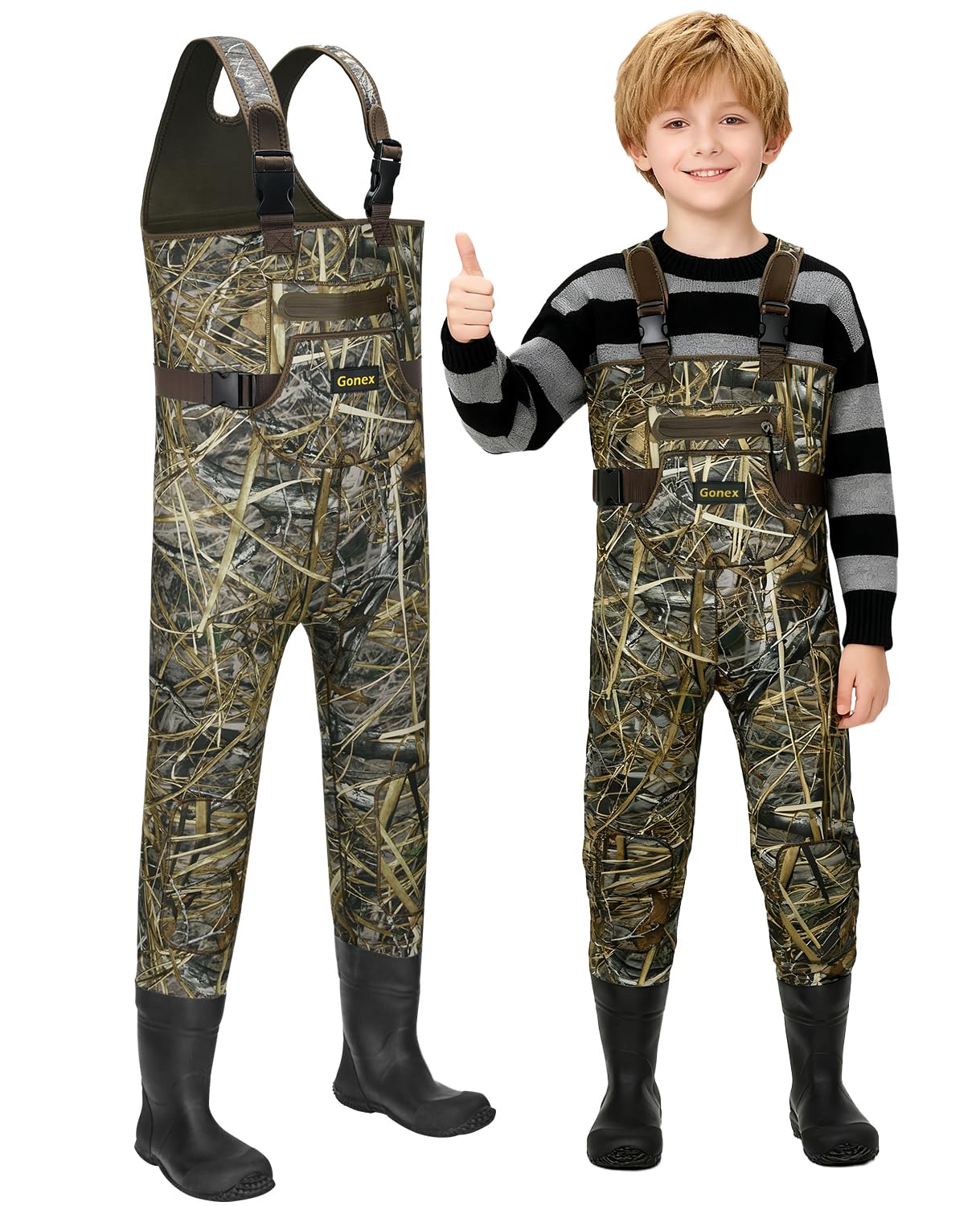 Gonex kids chest waders side view showcase 4mm neoprene warmth for wet outdoor adventures.