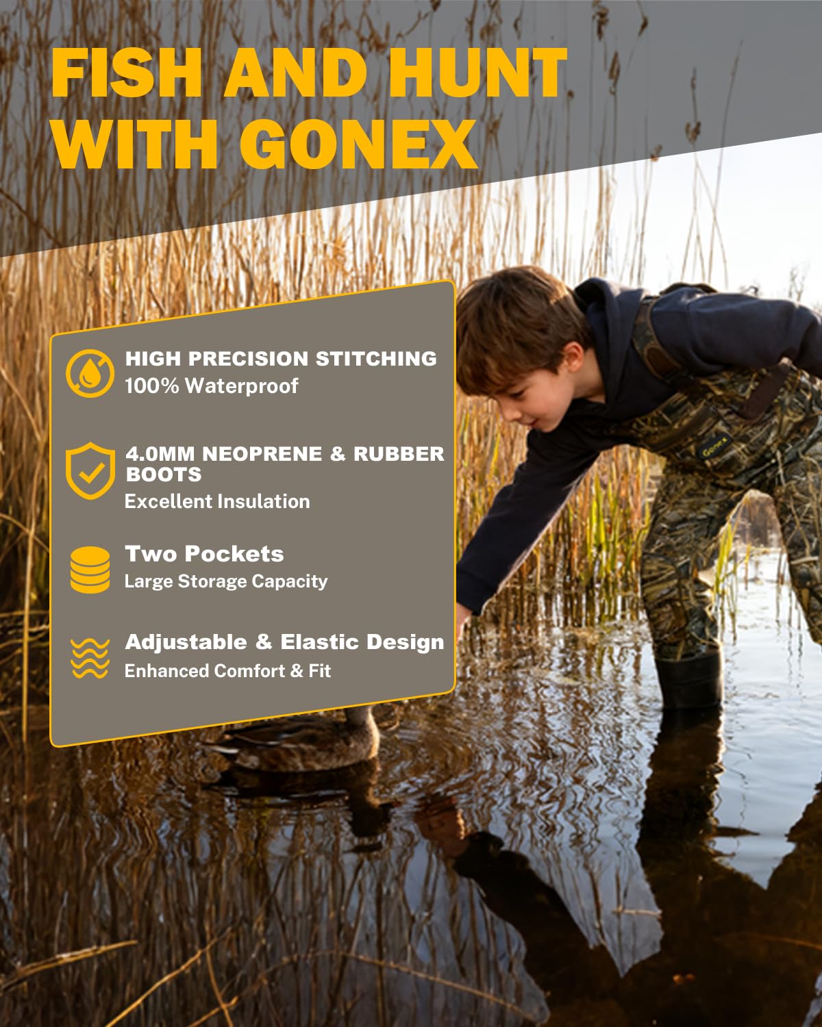 Gonex Kids Chest Waders stretchy waistband supports a growing child for lasting fit