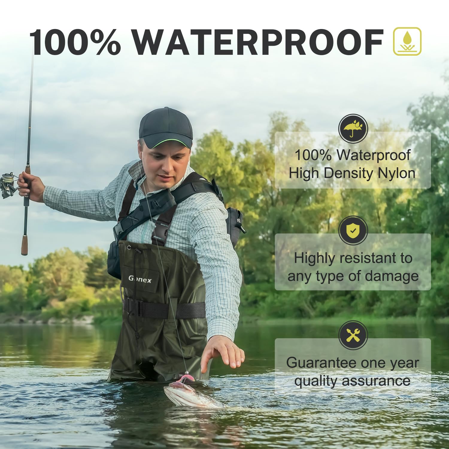 Gonex Magreel Waders quick-release shoulder straps simplify wearing and removal.