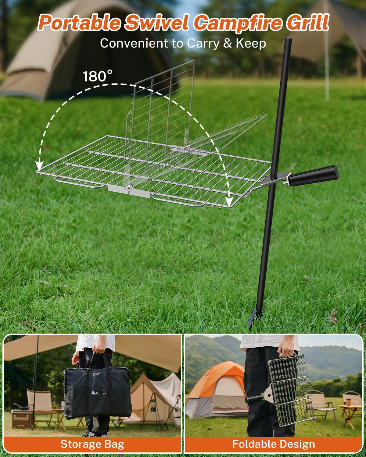 Gonex portable campfire grill heat-insulating handle protects hands during cooking