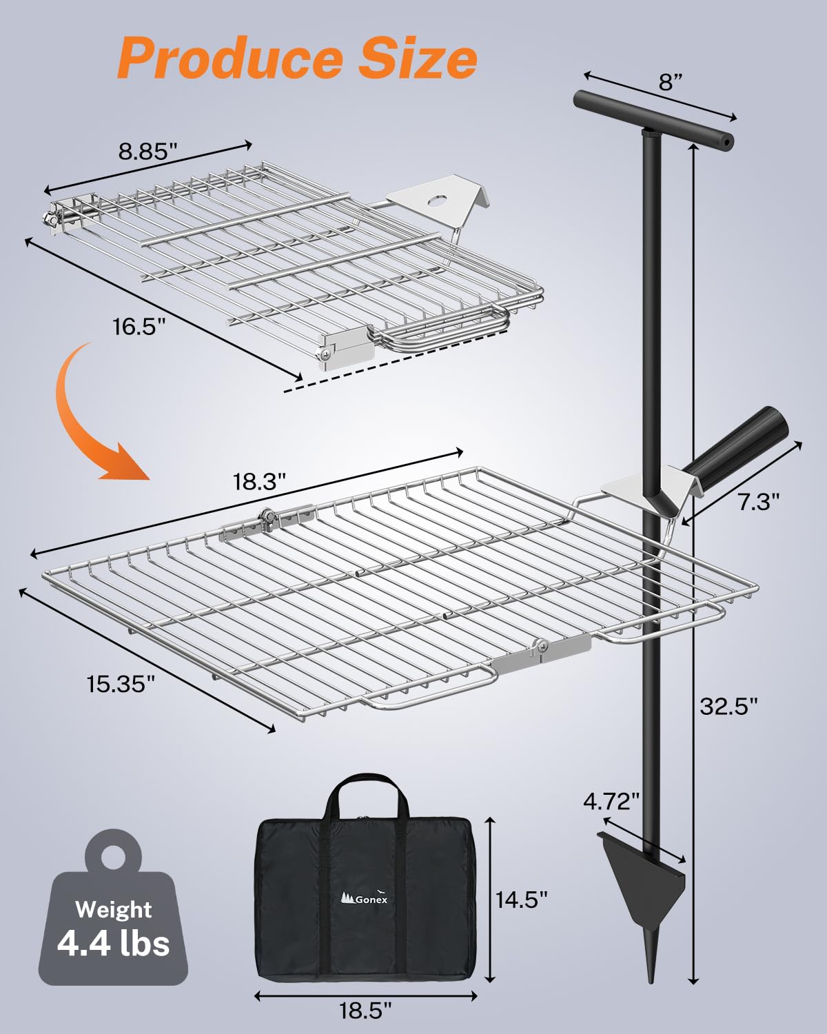 Gonex portable campfire grill surface 15.35x18.3 inches ideal for 2–4 servings